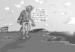  2022 anthro beach black_body black_fur clothed clothing cloud digital_media_(artwork) domestic_cat english_text felid feline felis fur greyscale halcyon_(series) hi_res lost_andsafe male mammal monochrome orator_(halcyon) outside screentone sea seaside sky solo text water 