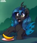  arthropod banana black_body black_fur blue_hair blush changeling chest_tuft crown eyelashes female feral food friendship_is_magic fruit fur green_eyes hair hasbro hi_res horn insect_wings my_little_pony open_mouth plant plate queen_chrysalis_(mlp) shadowreindeer tongue tuft wings 