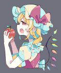  1girl apple bare_shoulders baron_(x5qgeh) blonde_hair bow crystal drooling fang flandre_scarlet food from_side fruit grey_background hat hat_ribbon holding holding_food mob_cap nail_polish open_mouth profile red_eyes red_nails ribbon shirt short_sleeves sideways_mouth simple_background solo tareme touhou upper_body vest wings 