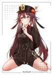  1girl arczumi breasts brown_hair chinese_clothes flower genshin_impact hat hat_flower hu_tao_(genshin_impact) jewelry looking_at_viewer ring short_shorts shorts smile symbol-shaped_pupils teeth top_hat twintails watermark 