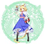  1girl absurdres alice_margatroid animal_ear_fluff animal_ears blonde_hair blush book boots capelet cat_ears cat_tail eyebrows_visible_through_hair fox_ears fox_tail full_body grimoire_of_alice highres hourai_doll kemonomimi_mode legs_apart magic_circle mitaojiu_(wumiaoxiao_mengjiu) short_hair solo standing tail touhou yellow_eyes 