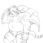  2022 anthro belly big_belly bulge clothing dokyudokyu1 felid hi_res male mammal moobs nipples overweight overweight_male pantherine simple_background sketch solo tiger underwear 