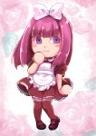  1girl animal_crossing apron blush bow chibi closed_mouth dress eyebrows_visible_through_hair floral_background highres looking_at_viewer maid_apron maid_headdress mary_janes pinafore_dress purple_eyes purple_hair shoes smile solo tachibana_mitsuki villager_(animal_crossing) 