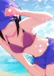  1girl anemone_mama armpits beach belly bikini bikini_top_only black_eyes black_hair blue_sky boku_no_hero_academia breasts cleavage collarbone grin hat highres jirou_kyouka lens_flare looking_at_viewer midriff midriff_peek navel ocean one_eye_covered short_hair shorts sky small_breasts smile solo squatting swimsuit teeth water 