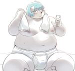  anthro barefoot bina_(sv_grart) bina_hulik black_nose blue_hair blush bodily_fluids briefs bulge camera cellphone clothed clothing feet hair hi_res male moobs navel nipples overweight overweight_male phone solo sv_grart sweat tighty_whities topless towel underwear white_briefs white_clothing white_underwear 
