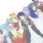  6+girls :d animal_ears animal_print asymmetrical_wings black_hair blonde_hair blue_eyes blue_hair capelet dress dutch_angle grey_hair hair_ornament hat heterochromia highres hijiri_byakuren hood hood_down houjuu_nue kumoi_ichirin long_hair long_sleeves looking_at_viewer mouse_ears multicolored_hair multiple_girls murai_nagisa murasa_minamitsu nazrin neckerchief open_mouth red_eyes sailor_collar sailor_hat sailor_shirt shirt short_hair short_sleeves simple_background skirt smile tatara_kogasa ten_desires tiger_print tongue tongue_out toramaru_shou touhou two-tone_hair umbrella vest white_background wide_sleeves wings yellow_eyes 