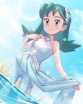  1girl bangs blue_bodysuit blush bodysuit breasts cameltoe choker closed_mouth clothes_lift cloud commentary_request day eyelashes gazing_eye green_eyes green_hair hand_up highres kris_(pokemon) long_hair official_alternate_costume outdoors pokemon pokemon_(game) pokemon_masters_ex sky smile solo sparkle standing wading water white_choker 