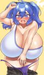  1girl absurdres blue_eyes blue_hair blush breasts censored cleavage clothes_pull commission embarrassed highres huge_breasts mimiru_(mimiru6969) mosaic_censoring open_mouth original panties panties_removed pants pants_pull shirt shortstack simple_background single-shoulder_shirt skeb_commission solo sports_bra strap_slip tearing_up twintails underwear wardrobe_malfunction yellow_background 