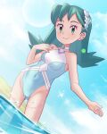 1girl bangs blue_swimsuit blush breasts cameltoe choker closed_mouth cloud commentary_request day eyelashes gazing_eye green_eyes green_hair hand_up highres kris_(pokemon) long_hair official_alternate_costume one-piece_swimsuit outdoors pokemon pokemon_(game) pokemon_masters_ex sky smile solo sparkle standing swimsuit wading water white_choker 