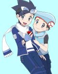  2boys :d alternate_color black_hair blue_jacket blue_pants commentary_request ethan_(pokemon) fingerless_gloves gloves goggles goggles_on_head grey_eyes grey_gloves hat highres holding holding_poke_ball jacket lucas_(pokemon) male_focus multiple_boys official_alternate_costume open_clothes open_jacket open_mouth pants poke_ball poke_ball_(basic) pokemon pokemon_(game) pokemon_masters_ex sana_(37pisana) scarf short_hair smile spiked_hair teeth tongue upper_teeth white_scarf 