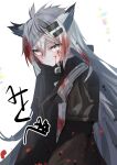  1girl absurdres animal_ears arknights bangs black_jacket blood blood_in_hair blood_on_face blush grey_eyes grey_hair hair_ornament hairclip highres jacket kamiya_mitobe lappland_(arknights) long_hair long_sleeves scar scar_across_eye signature solo upper_body wolf_ears wolf_girl 