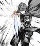  1boy armor blue_eyes cape falchion_(fire_emblem) fingerless_gloves fire_emblem fire_emblem:_mystery_of_the_emblem gloves headband highres looking_at_viewer male_focus marth_(fire_emblem) short_hair simple_background smile solo super_smash_bros. sword tiara weapon yourfreakyneighbourh 