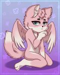  absurd_res ambiguous_gender anthro blue_eyes blush blush_lines canid canine cute_expression duskooky fluffy fluffy_tail fluffy_wings fox fur fur_tuft hi_res hybrid inner_ear_fluff kneeling lostfox mammal paws pink_body pink_fur pink_wings solo tuft white_body white_fur wings 