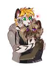  &lt;3 anthro blonde_hair blush breasts clothed clothing collar digital_media_(artwork) duo embrace f-r95 falla_(f-r95) fangs felid female fur green_eyes hair hi_res hug looking_at_viewer love machairodontine male male/female mammal pantherine purple_eyes romantic romantic_couple sabertooth_(anatomy) shaded simple_background smile smilek_(character) stripes text tiger tongue white_body white_fur 