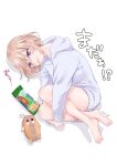  1girl bare_legs barefoot blonde_hair blush eating food from_above half-closed_eyes highres hood hooded_jacket hugging_own_legs jacket kakkou_no_iinazuke light_blue_jacket lying official_art on_side popsicle popsicle_in_mouth popsicle_stick pout purple_eyes short_hair signature simple_background solo stuffed_toy umino_sachi_(kakkou_no_iinazuke) watermelon_bar yakisobapan yoshikawa_miki 