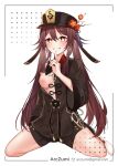  1girl arczumi breasts brown_hair chinese_clothes flower genshin_impact hat hat_flower hu_tao_(genshin_impact) jewelry looking_at_viewer nipples no_bra one_breast_out ring short_shorts shorts smile symbol-shaped_pupils teeth top_hat twintails watermark 