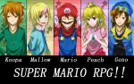  1girl 4boys blonde_hair blue_eyes bowser brooch_removed character_name closed_eyes closed_mouth crown dress earrings facial_hair geno_(mario) gloves hat highres horns humanization jewelry looking_at_viewer looking_away looking_to_the_side mario mario_(series) miraxth523 multiple_boys mustache open_mouth overalls own_hands_together personification pink_dress princess_peach super_mario_rpg 
