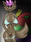  abs absurd_res anthro bedroom_eyes breasts brown_body canid canine canis clothing curvy_figure dallas facial_piercing female hi_res humanoid_hands mammal masturbation narrowed_eyes nipple_outline nipples nose_piercing piercing seductive septum_piercing solo swimwear wide_hips wolf 