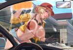  1girl against_glass bikini bikini_under_clothes black_gloves blonde_hair breast_press breasts breasts_on_glass car car_interior car_wash cidney_aurum denim denim_shorts exlic final_fantasy final_fantasy_xv gloves goggles goggles_around_neck green_eyes ground_vehicle hat jacket motor_vehicle navel nipples short_hair short_shorts shorts soap_bubbles solo sponge stomach swimsuit unaligned_breasts wardrobe_malfunction 