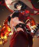  1girl belt black_hair bob_cut breasts cleavage crop_top electric_guitar english_text explosion fire flame found_modori from_below glasses green-tinted_eyewear guilty_gear guilty_gear_strive guitar hat highres i-no instrument large_breasts large_hat looking_at_viewer looking_down navel short_hair solo stomach thighhighs tinted_eyewear venus_symbol witch_hat 