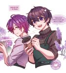  2boys apron barista black_hair black_sweater coffee_cup coffee_pot cup disposable_cup earrings flower green_apron highres holding holding_cup holding_marker indie_virtual_youtuber jewelry long_sleeves looking_at_viewer male_focus marker mole mole_on_neck multiple_boys nijisanji nijisanji_en purple_eyes purple_hair short_hair shoto_(vtuber) smile sweater uki_violeta virtual_youtuber wisteria yue_yue1102 