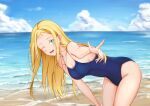  1girl absurdres backon beach blonde_hair blue_eyes blue_sky breasts cloud commentary competition_school_swimsuit cowboy_shot day forehead highres horizon kofune_ushio large_breasts leaning_forward long_hair ocean one_eye_closed outdoors school_swimsuit sky solo summertime_render swimsuit very_long_hair 