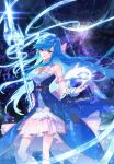  1girl bai_xiuxiu_(douluo_dalu) bart._d blue_hair collaboration collar cover cover_page douluo_dalu dr._daji dress expressionless hand_up highres long_hair official_art pink_skirt planet polearm ribbon shark skirt solo space spear thighhighs third-party_source weapon 