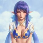  1girl blue_hair blue_sky breasts cleavage closed_mouth cloud cloudy_sky commentary_request day eyebrows_behind_hair highres judith_(tales) long_hair looking_at_viewer low_twintails medium_breasts miura-n315 outdoors pointy_ears puffy_short_sleeves puffy_sleeves purple_eyes purple_hair red_lips short_sleeves shrug_(clothing) sky solo tales_of_(series) tales_of_vesperia twintails upper_body v-shaped_eyebrows very_long_hair 