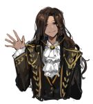  1girl black_coat brown_hair coat dark-skinned_female dark_skin dias_(the_distortion_detective) earrings gold_trim jewelry long_hair neckerchief nishikujic project_moon red_eyes smile the_distortion_detective waving white_neckerchief 