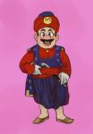  1boy :d blue_eyes blue_pants brown_footwear brown_hair clothing_request dagger facial_hair full_body highres knife looking_at_viewer male_focus mario mario_(series) mossacannibalis mustache pants pink_background puffy_pants sash shoes simple_background smile solo standing turban turkish_clothes weapon 