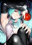  1girl apple aqua_eyes aqua_hair aqua_nails arm_up armpits bad_id bad_twitter_id black_legwear black_sleeves breasts convenient_censoring detached_sleeves eyelashes feet_out_of_frame food fruit grey_shirt hair_between_eyes hand_on_own_knee hatsune_miku head_tilt highres holding long_hair one_eye_closed partially_undressed rsk_(tbhono) shiny shiny_clothes shiny_hair shirt sleeveless sleeveless_shirt small_breasts solo thighhighs twintails vocaloid 