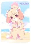  3_fingers 3_toes accessory animal_crossing anthro beach big_breasts bikini blush bottomwear breasts canid canine canis chest_tuft cleavage clothed clothing crouching detailed_background digital_media_(artwork) domestic_dog ear_bow english_text feet female fingers fur hair hair_accessory hair_bow hair_ribbon hand_on_face hand_on_leg isabelle_(animal_crossing) mammal nintendo outside ribbons sand sea seaside shih_tzu sky solo swimwear text toes topwear toy_dog tuft video_games water wristband yokikana_yk 