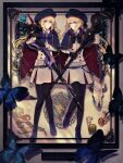  2girls artoria_caster_(fate) artoria_caster_(second_ascension)_(fate) artoria_pendragon_(fate) belt beret black_bow blonde_hair blue_belt blue_butterfly blush boots bow bug butterfly buttons cauli_flower_(springfairy) cloak closed_mouth cracked_glass crown fate/grand_order fate_(series) flower flower_(symbol) gem gold green_butterfly green_eyes hair_between_eyes hair_ornament hat highres legs long_hair looking_at_another monochrome multiple_girls multiple_tails ornament purple_bow purple_butterfly purple_footwear red_gemstone shirt shirt_tucked_in skirt skull smile spread_legs sword tail tonelico_(fate) two_tails weapon white_shirt white_skirt yellow_gemstone 
