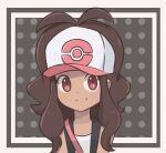  1girl baseball_cap black_vest border brown_background brown_hair chocomiru closed_mouth commentary english_commentary happy hat hilda_(pokemon) long_hair looking_at_viewer outside_border poke_ball_print pokemon pokemon_(game) pokemon_bw polka_dot polka_dot_background ponytail print_headwear red_eyes smile solo tan upper_body vest wavy_hair white_border white_headwear 