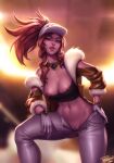  1girl akali arm_on_knee baseball_cap black_shirt breasts brown_eyes brown_hair brown_jacket cleavage crop_top gloves hair_through_headwear hat highres jacket k/da_(league_of_legends) k/da_akali large_breasts league_of_legends leaning_forward looking_at_viewer midriff navel nipple_slip nipples no_bra no_panties open_clothes open_jacket pants parted_lips personal_ami ponytail pussy shirt signature thumb_in_beltline uncensored white_gloves white_headwear white_pants 