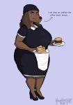  2022 absurd_res anthro apron beware_the_shadowcatcher big_breasts black_clothing black_dress breasts brown_body brown_fur brown_nose burger canid canine canis chubby_anthro chubby_female clothing curvy_figure dialogue domestic_dog dress female food footwear fur hat headgear headwear herrkennstalles hi_res high_heels huge_breasts long_ears looking_at_viewer mammal mature_female pancake plate sam_(bts) shoes simple_background slightly_chubby solo thick_thighs tight_clothing voluptuous waiter wide_hips 