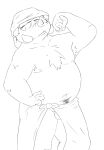  0ottotto0 2013 anthro balls belly genitals hi_res humanoid_hands kemono male mammal moobs navel nipples overweight overweight_male simple_background suid suina sus_(pig) towel white_background wild_boar 