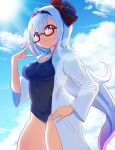 .live 1girl absurdres adjusting_eyewear alternate_costume bespectacled breasts carro_pino collarbone commentary_request glasses hat headband highres labcoat lens_flare long_hair looking_at_viewer medium_breasts purple_eyes purple_hair rikuton school_swimsuit sky solo swimsuit virtual_youtuber 