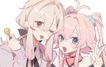  1boy 1girl blue_eyes brown_eyes candy character_request facing_viewer food grey_hair habako_mir_(koyashaka) highres koyashaka lollipop long_hair looking_at_viewer mole mole_under_mouth one_eye_closed open_mouth original pink_hair ponytail smile tongue tongue_out twintails 