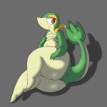  1:1 2022 anthro balls barely_visible_balls barely_visible_genitalia belly big_butt biped bloocherrypie brown_eyes butt front_view genitals green_body grey_background hi_res lying male multicolored_body navel nintendo nude on_back one_leg_up pok&eacute;mon pok&eacute;mon_(species) raised_leg simple_background slightly_chubby snivy solo tan_body thick_thighs two_tone_body video_games 