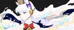  1girl animal_ears bangs bare_shoulders bow bowtie closed_mouth ear_bow gold_ship_(umamusume) highres horse_ears horse_girl ligne_claire liquid_hair long_hair looking_to_the_side pillbox_hat portrait purple_eyes red_bow red_bowtie split_mouth turtleneck umamusume white_hair yu_yin 