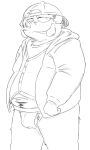  0ottotto0 2013 anthro balls belly bulge clothing eyes_closed genitals hat headgear headwear hoodie kemono male mammal navel overweight overweight_male pubes simple_background solo suid suina sus_(pig) topwear underwear wild_boar 