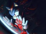  1boy black_fur blood blood_splatter crying crying_with_eyes_open dark glass glass_container gloves highres light light_rays looking_to_the_side male_focus multicolored_fur red_eyes red_fur shadow_the_hedgehog solo sonic_(series) sonic_adventure_2 spacecolonie tears white_fur 