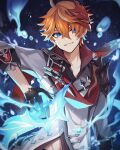  1boy aononchi bangs black_gloves blue_eyes earrings genshin_impact gloves hair_between_eyes highres holding holding_weapon jacket jewelry liquid_weapon male_focus mask mask_on_head orange_hair red_mask red_scarf scarf signature simple_background single_earring smile solo tartaglia_(genshin_impact) upper_body water weapon 