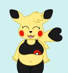 anthro belly clothed clothing cosplay_pikachu_(costume) eyes_closed female fur hi_res mammal nintendo pikachu pikachu_libre pok&eacute;mon pok&eacute;mon_(species) simple_background slightly_chubby solo video_games yellow_body yellow_fur 