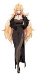  1girl absurdres blonde_hair breasts cleavage dress facing_viewer full_body fur_trim gothic highres koyashaka large_breasts long_hair looking_at_viewer nicole_elika_(koyashaka) original pantyhose sleeveless sleeveless_dress solo white_background yellow_eyes 