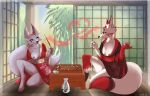  &lt;3 alcohol anthro asian_clothing beverage board_game breasts canid canine clothing container cup duo ears_up east_asian_clothing female fox fur japanese_clothing kimono magic_user mammal one_breast_out sanssouci sliding_door wand white_body white_fur 
