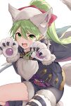  1girl animal_ears animal_hands cosplay fake_animal_ears fake_tail fangs fire_emblem fire_emblem:_mystery_of_the_emblem fire_emblem_awakening fire_emblem_heroes gloves green_eyes green_hair grima_(fire_emblem) grima_(fire_emblem)_(cosplay) haru_(nakajou-28) open_mouth paw_gloves robe robin_(fire_emblem) robin_(fire_emblem)_(female) robin_(fire_emblem)_(female)_(cosplay) shorts simple_background solo tail tiki_(fire_emblem) twintails v-shaped_eyebrows white_background wolf_ears wolf_tail 