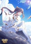  1girl bare_shoulders bart._d bird black_hair blue_sky choker cloud cover cover_page douluo_dalu dr._daji dragon from_side gu_yue_(douluo_dalu) happy highres looking_at_viewer official_art ponytail riding skirt sky smile thighhighs third-party_source tongue white_skirt 