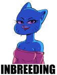  2019 anthro bare_shoulders bedroom_eyes blue_body blue_fur bodily_fluids breasts caption cartoon_network cleavage clothed clothing colored dbaru digital_drawing_(artwork) digital_media_(artwork) domestic_cat english_text eyebrows eyelashes felid feline felis female fur hi_res looking_at_viewer mammal monotone_background narrowed_eyes nicole_watterson open_mouth pink_nose portrait purple_eyes seductive simple_background solo sweat sweatdrop text the_amazing_world_of_gumball tongue white_background 